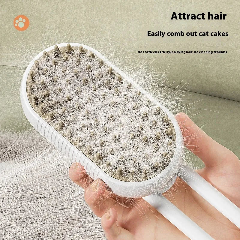 Dog grooming spray massage comb kit with wash-free essence bottle, shown in khaki colour.
