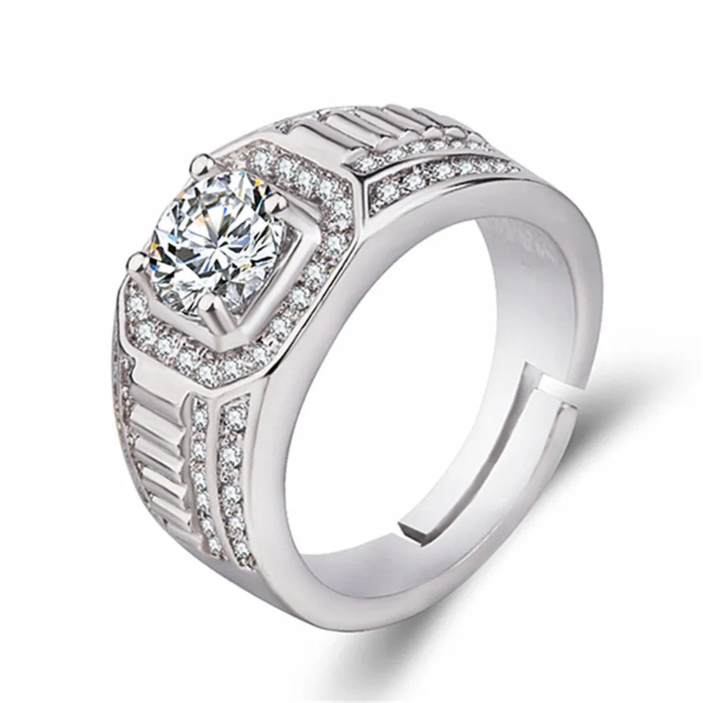 Men's adjustable copper ring with a large square diamond in gold or platinum finish