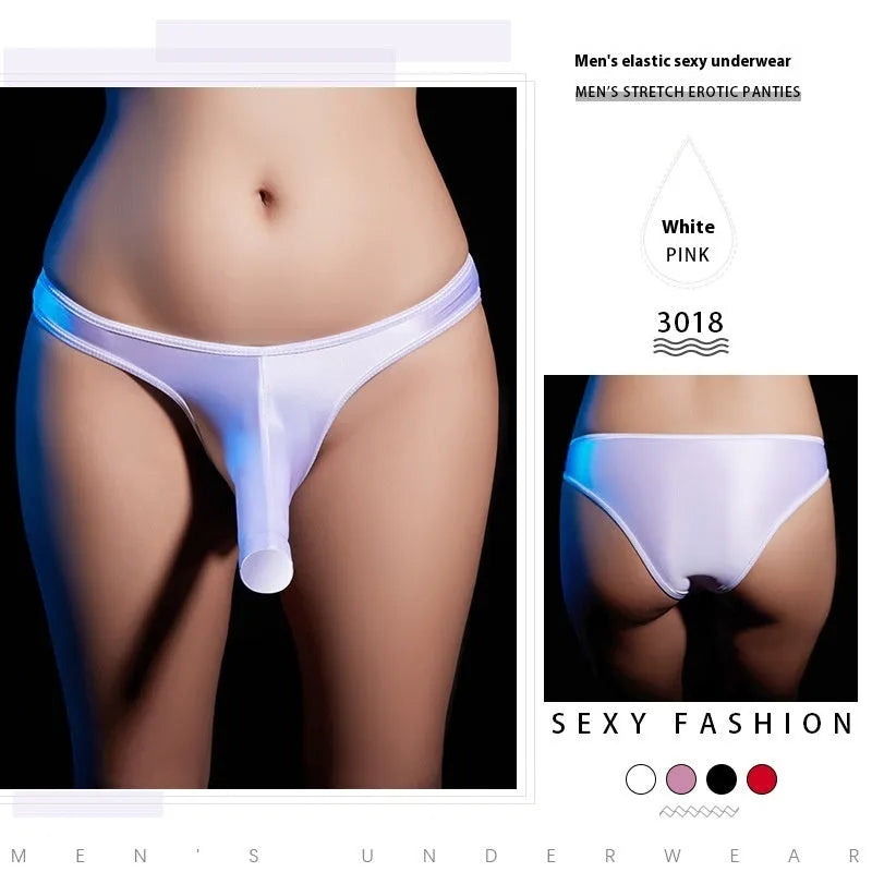 Men's shiny nylon low waist T-back underwear shown in black, displayed flat.