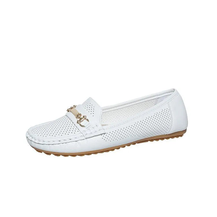 Women's solid colour flat casual shoes in artificial PU, shown in white, black, and khaki on a plain background.