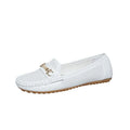 Women's solid colour flat casual shoes in artificial PU, shown in white, black, and khaki on a plain background.