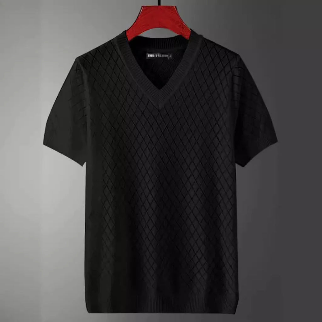 Men's white Ice Silk T-shirt with cut-out detail on V-neck, short sleeves, Korean style.