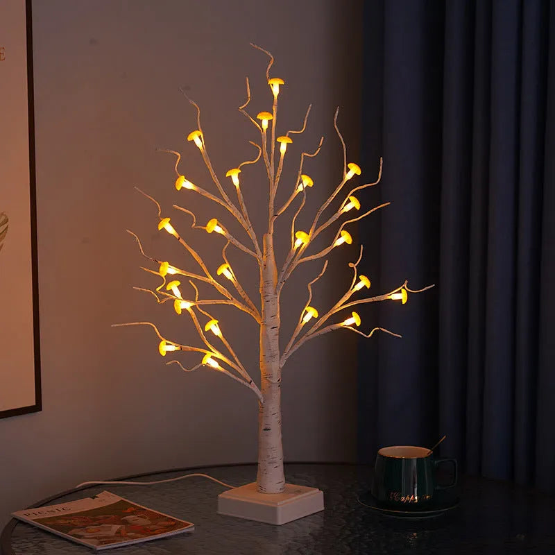 60cm tall plastic Mushroom Tree LED lamp with birch base and 24 small detachable flowers.