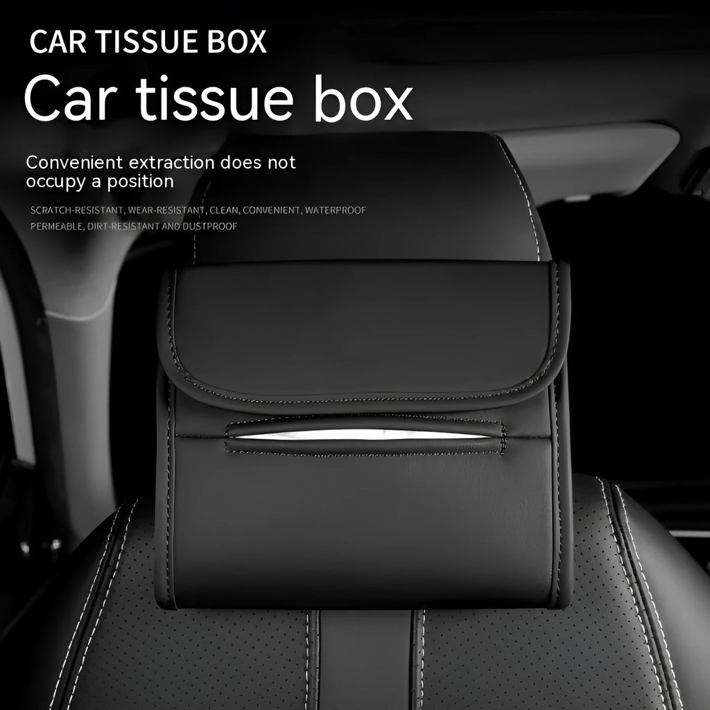 Leather car tissue holder box in beige colour with elastic band strap