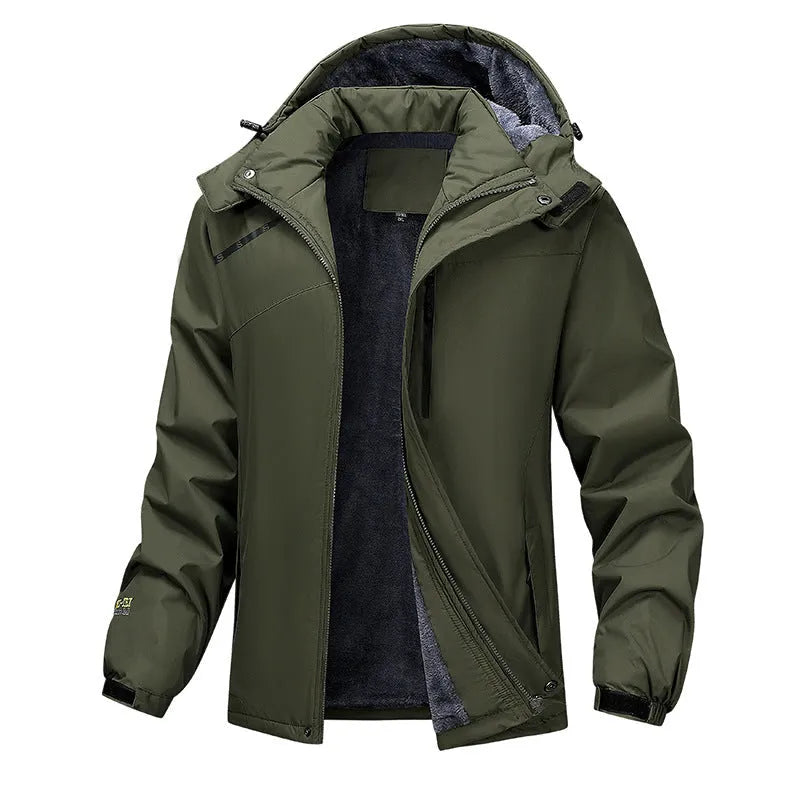 Men's plus size hooded waterproof coat in Army Green, shown on a model.