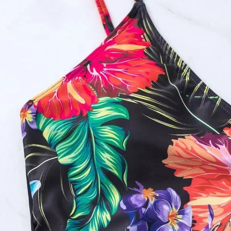 Black women's high waist briefs printed split bikini for swimming and sports activities
