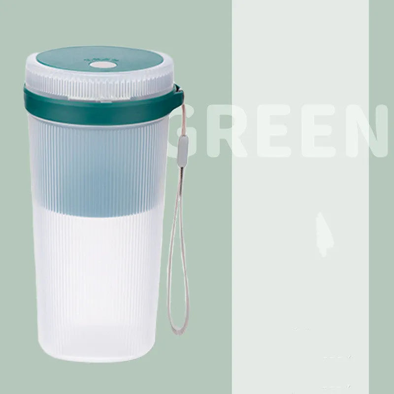 Portable electric blender cup in blue, green, or pink with USB charging cable.
