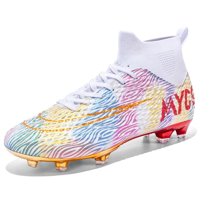 Men's outdoor training gold-plated high-top soccer shoes in green with synthetic leather upper and rubber sole