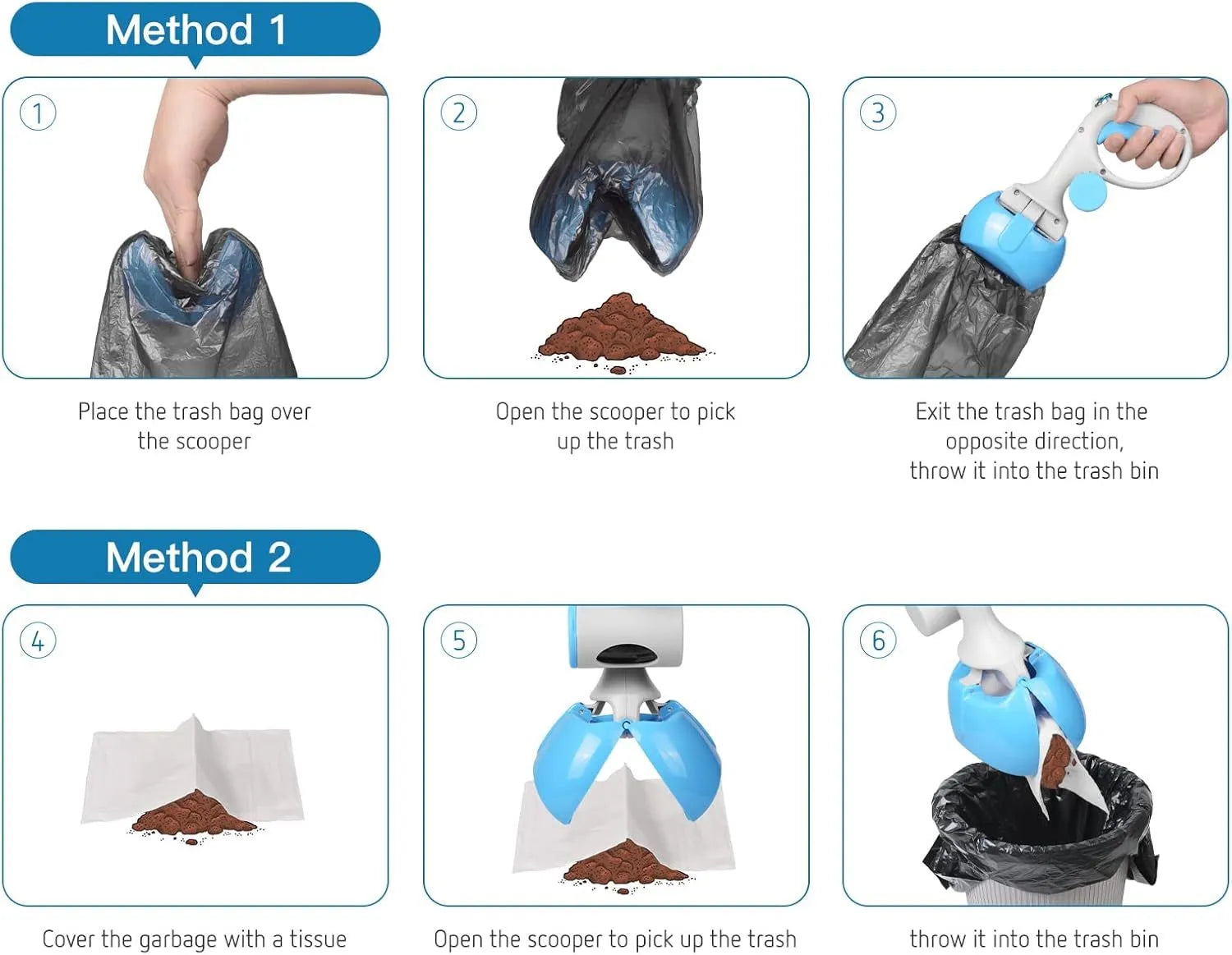 A blue plastic pet pooper scooper with a built-in holder for a roll of waste bags.