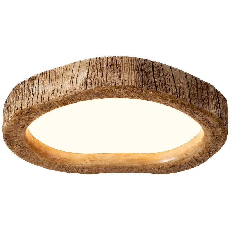 Wood grain finish round ceiling light in new Chinese style, shown in three size options.