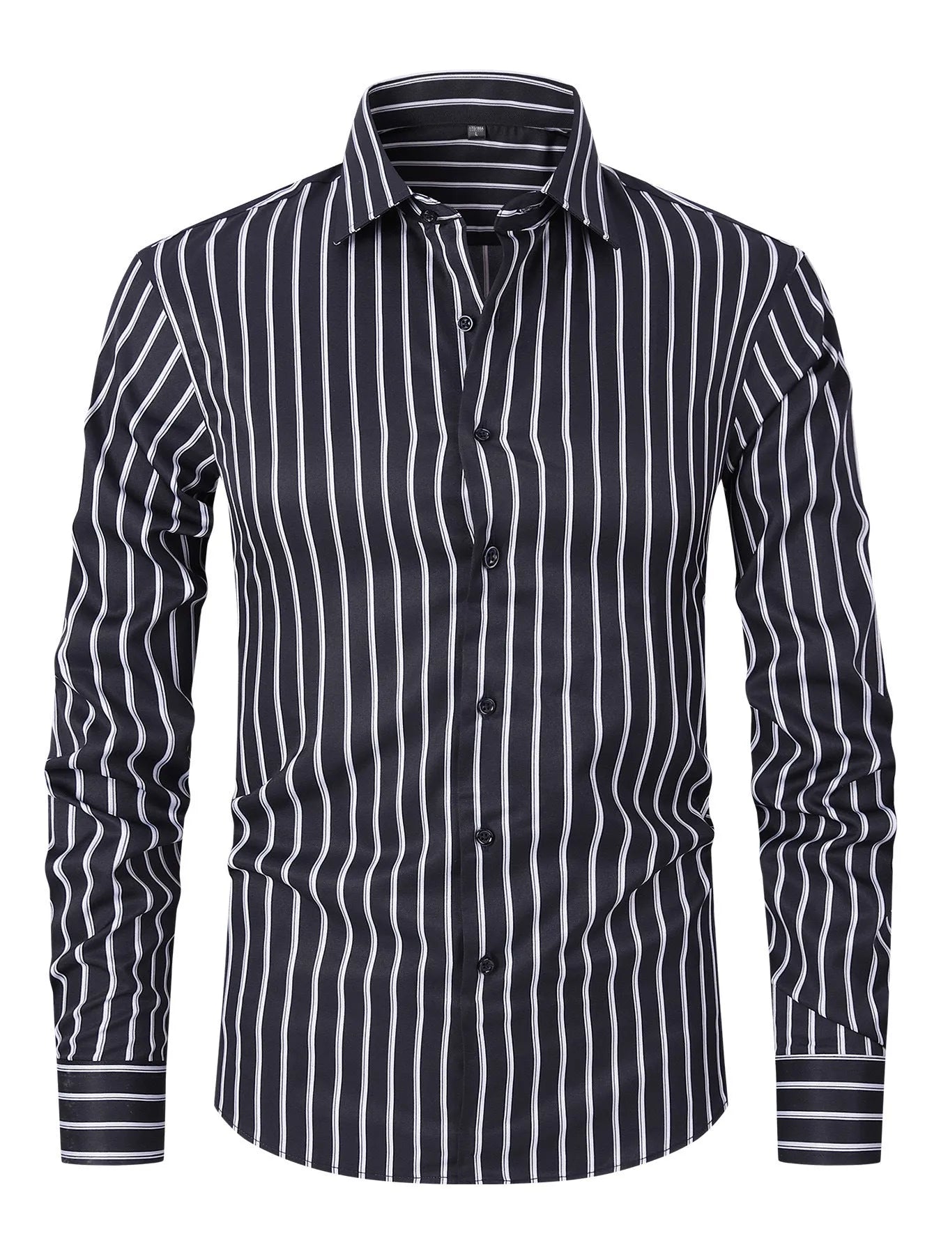 Men's slim fit striped long sleeve business shirt in ice silk polyester blend fabric