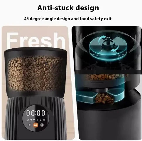 Black and white intelligent pet feeder with automatic timing and quantitative remote feeding control