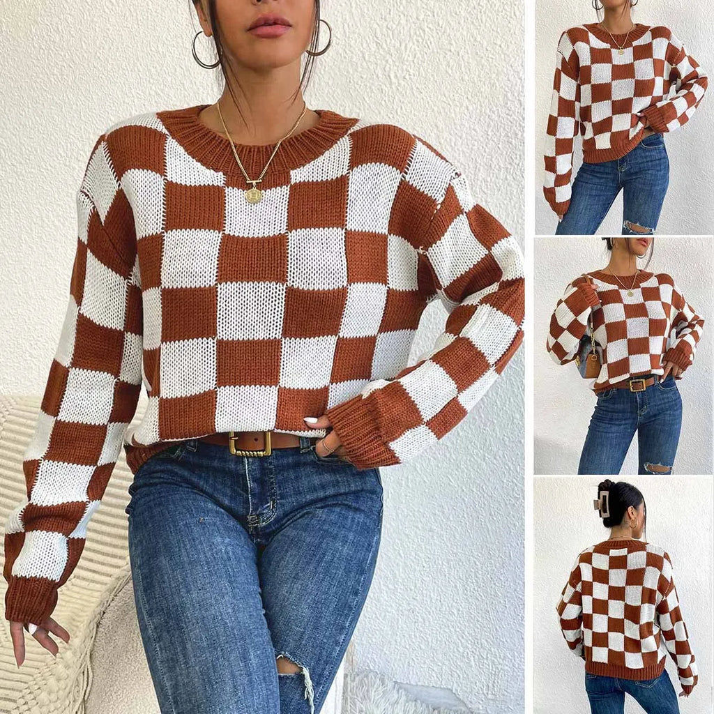 Dark brown plaid pattern acrylic pullover sweater with long sleeves and a round neck