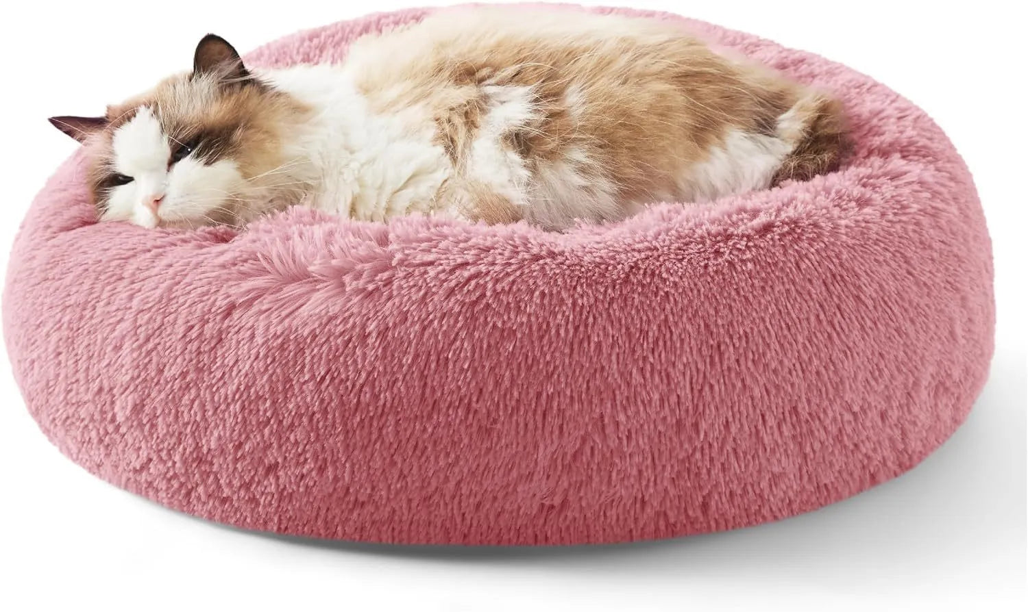 Indoor non-slip round fluffy plush pet bed for dogs in khaki, 60cm size, on a wooden floor