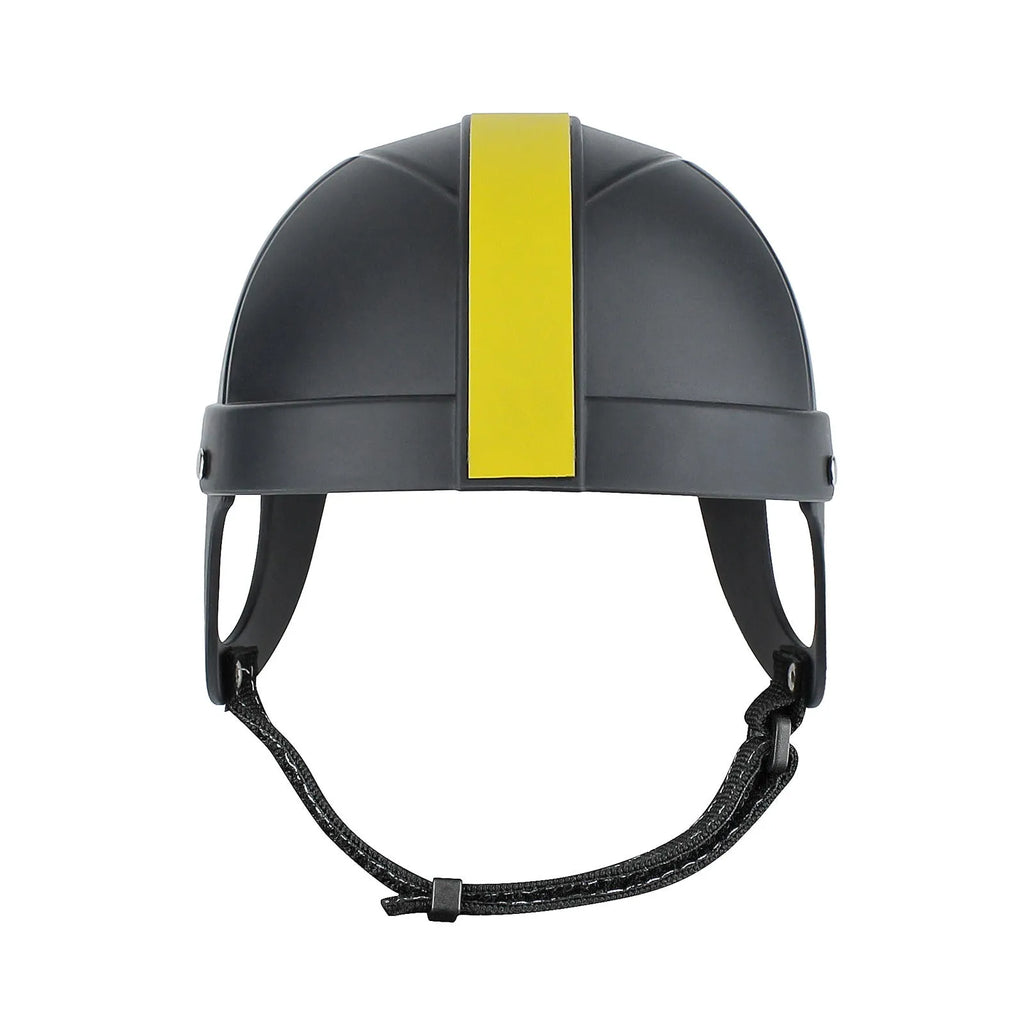 Pet motorcycle safety helmet in white orange and black & yellow colours, showing ABS shell and cotton lining.