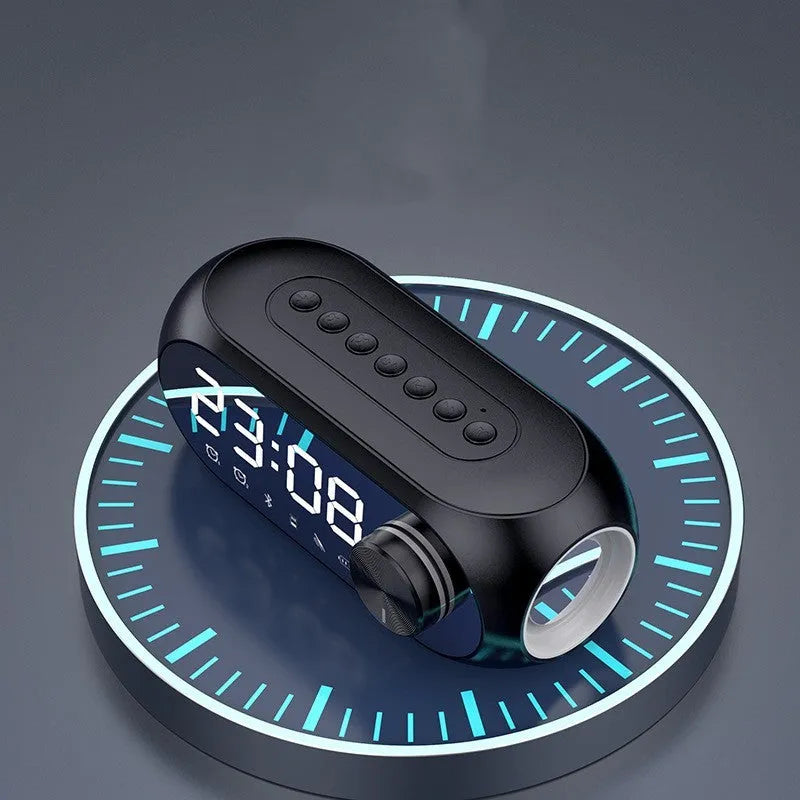 Mini Bluetooth speaker with digital clock display in black, blue or white colours showing extra bass feature