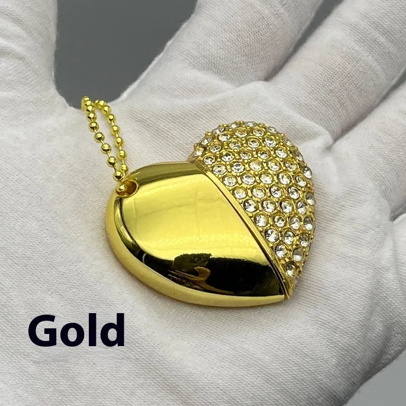 Brick-inlaid heart-shaped metal USB flash drive showing colour options and compact dimensions