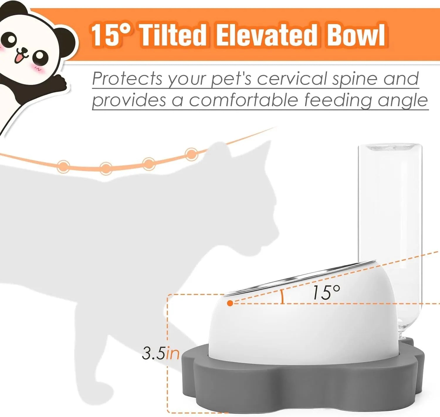 Grey panda-shaped pet feeder with automatic water bottle and tilted stainless steel bowls