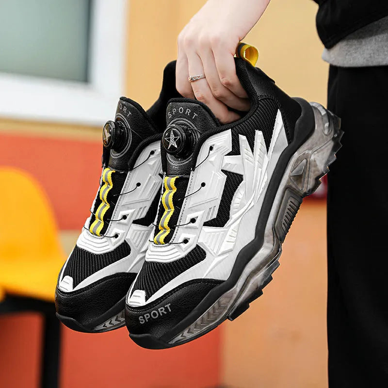 Men's black rotating button casual shoes with mesh upper and platform sole