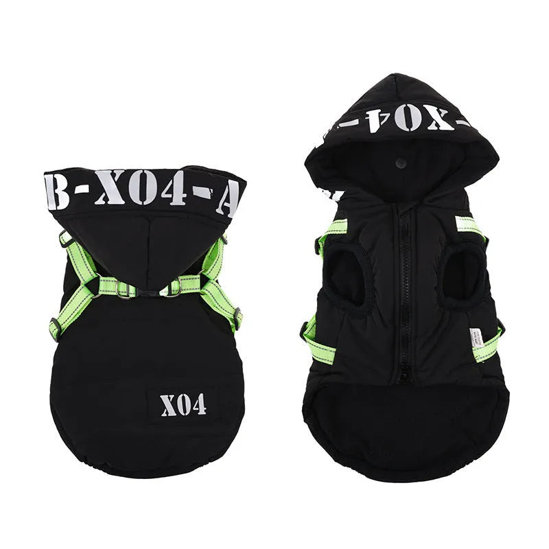 Red fleece-lined waterproof dog jacket with hood on a dog, showing casual style.