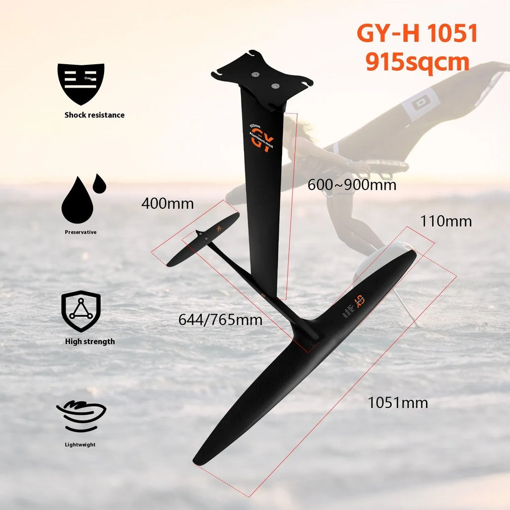 Black carbon fibre racing hydrofoil with 1051mm front wing for unpowered surfing