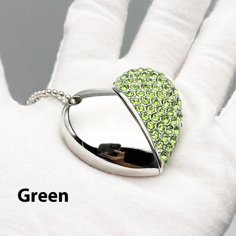 Brick-inlaid heart-shaped metal USB flash drive showing colour options and compact dimensions