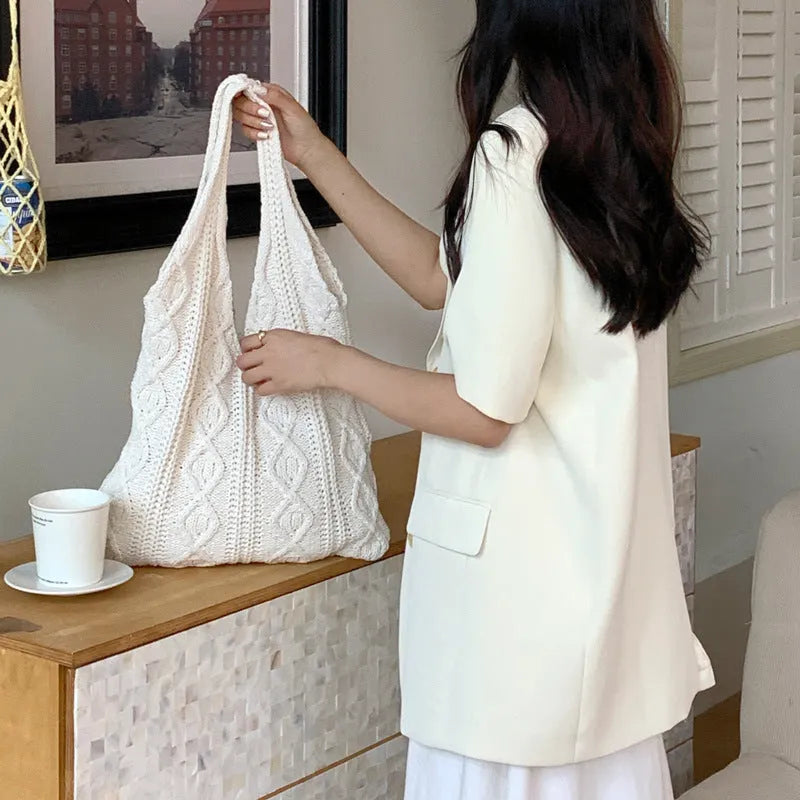 Retro crochet wool shoulder bag with double straps in solid colour