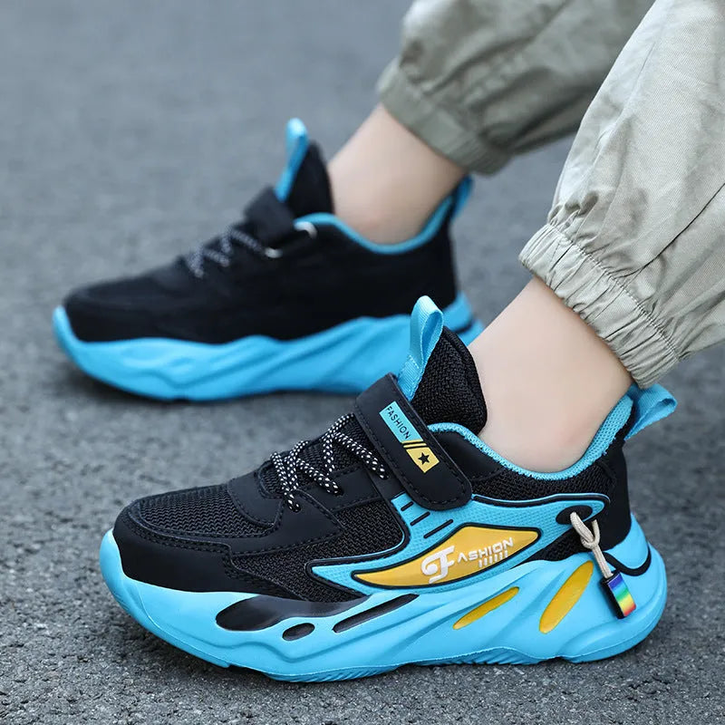 Boys dark blue and black Velcro sports running shoes with a breathable mesh upper