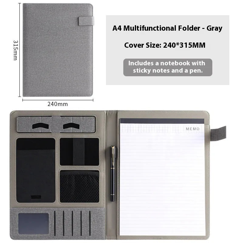 Leather A4 business folder in black, open to show interior with optional pen and notepad.