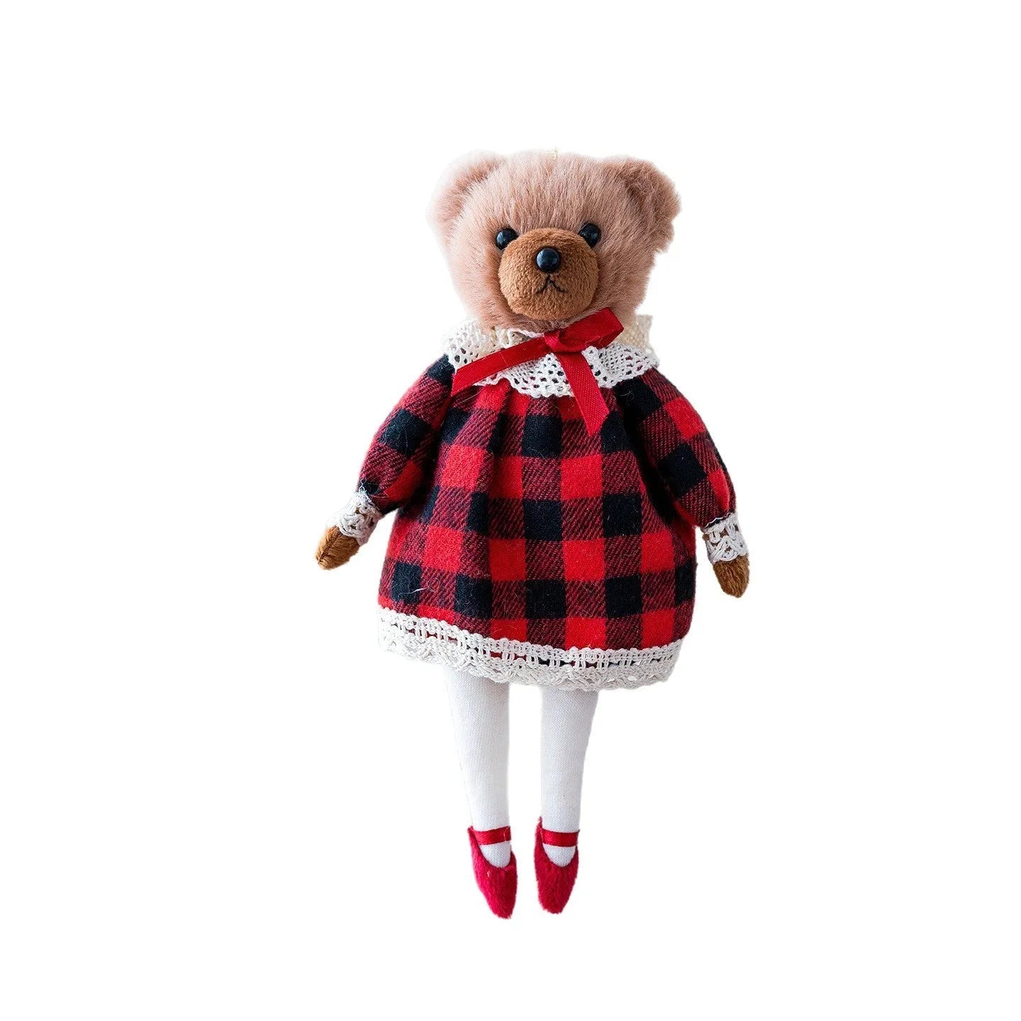 Pair of plush bear dolls wearing red and black plaid cotton clothing, cartoon style.