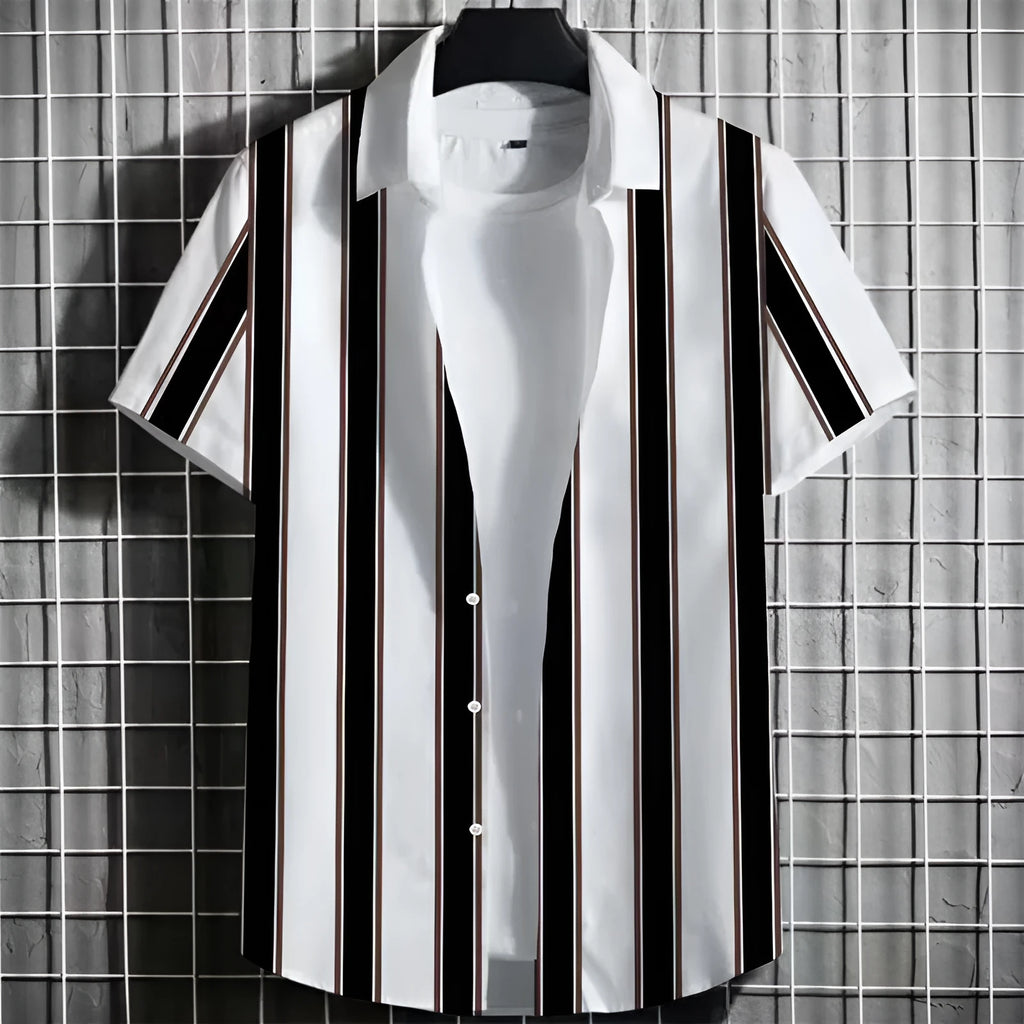 Man wearing a linen short sleeve t-shirt with a 3D printed colour simple striped pattern.