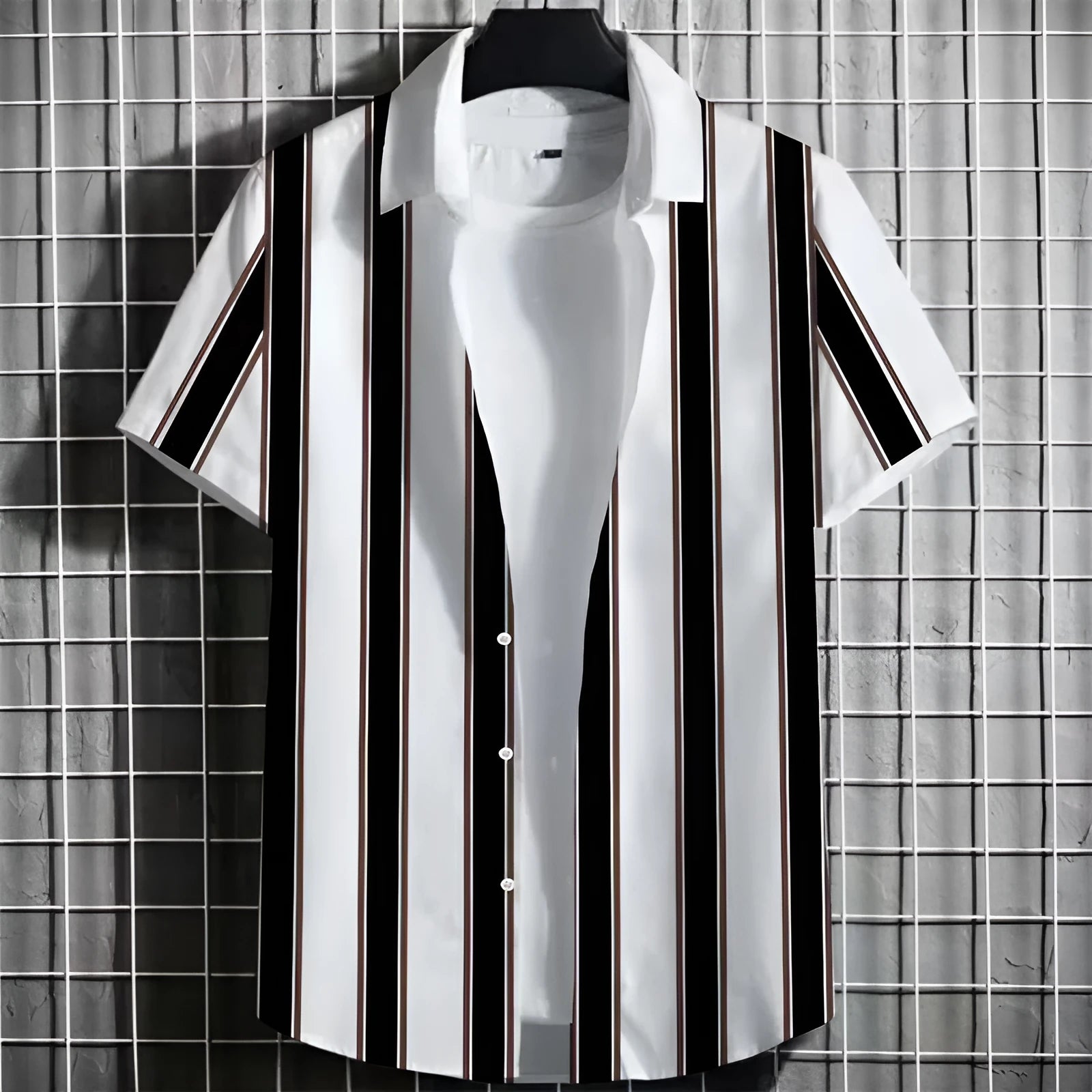 Man wearing a linen short sleeve t-shirt with a 3D printed colour simple striped pattern.