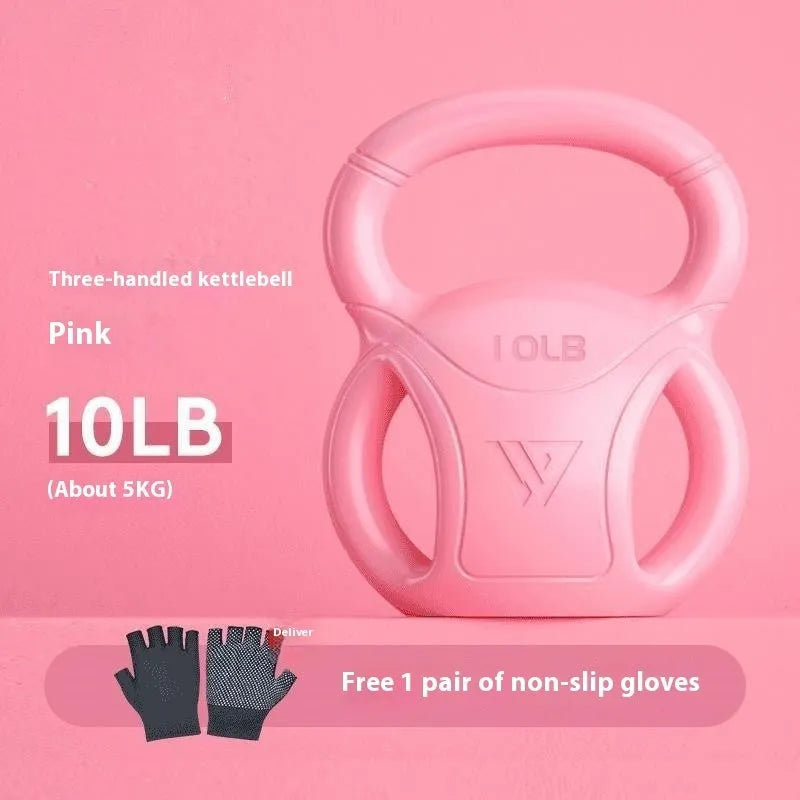 Colourful kettlebells in pink, lavender, and dark green with different weight options for home fitness