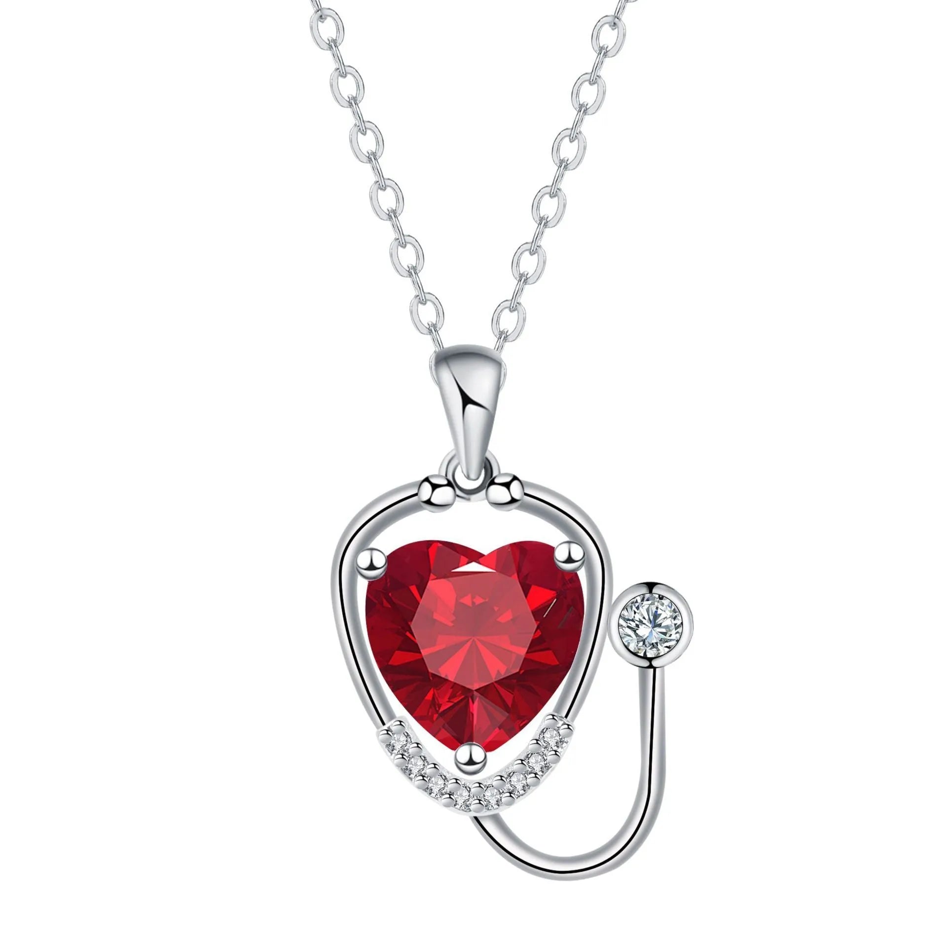 Copper women's necklace with wings cross stethoscope pendant in red diamond electroplated finish.