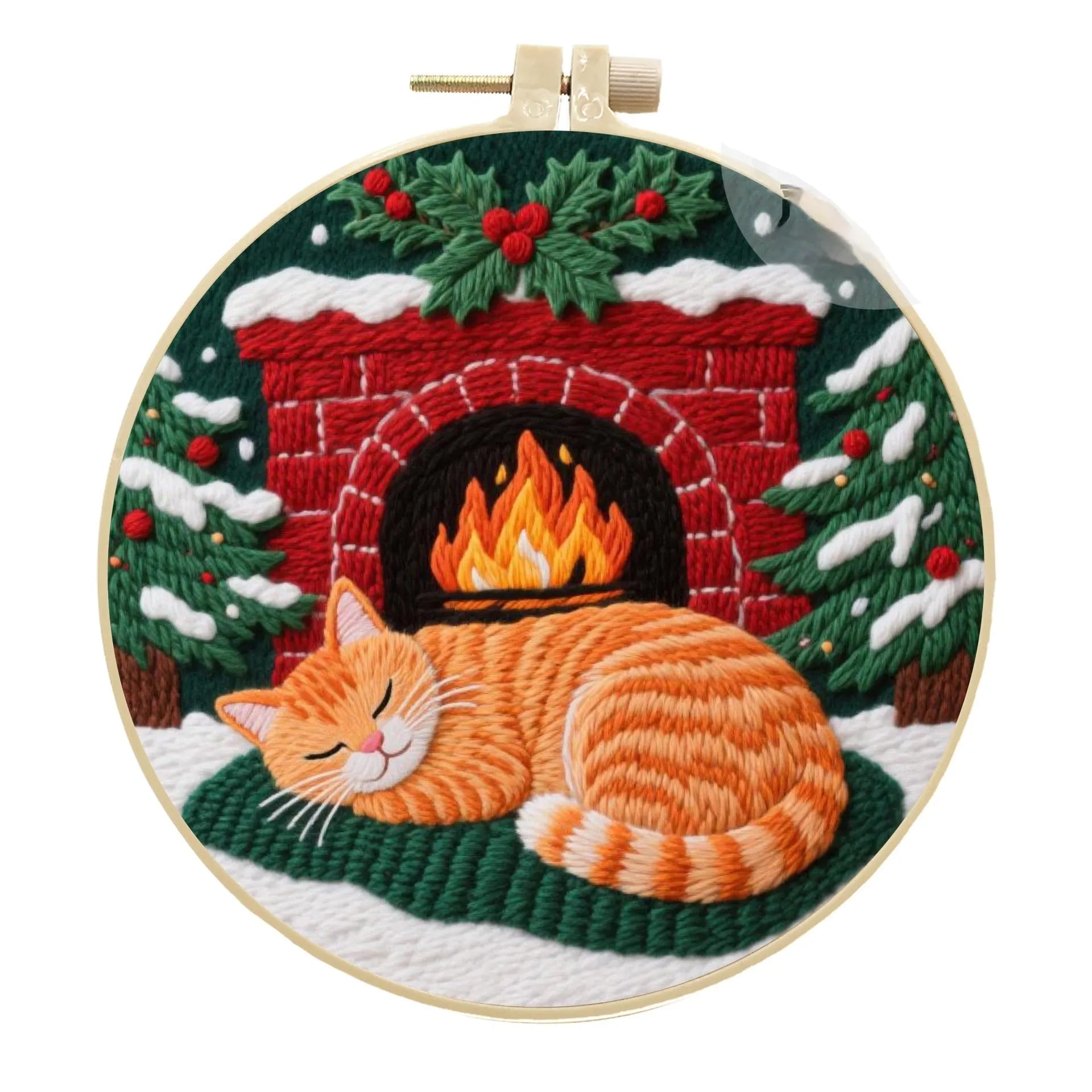 DIY embroidery material kit showing cat and autumn fruit pattern on cotton linen fabric with optional bamboo hoop and scissors.