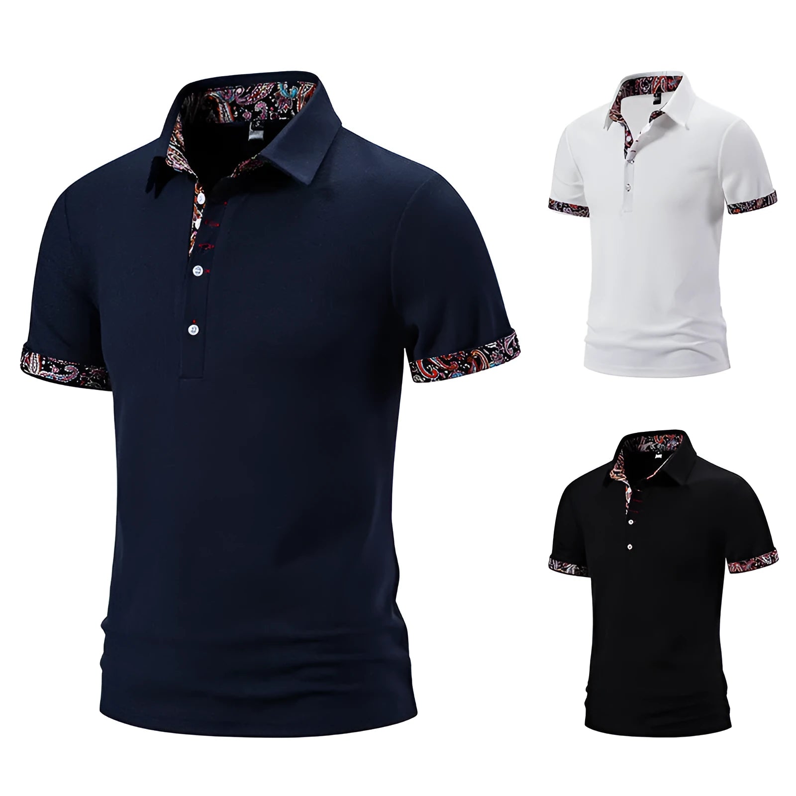 Men's navy blue polo shirt with a turnover collar featuring white contrast stitching and short sleeves.
