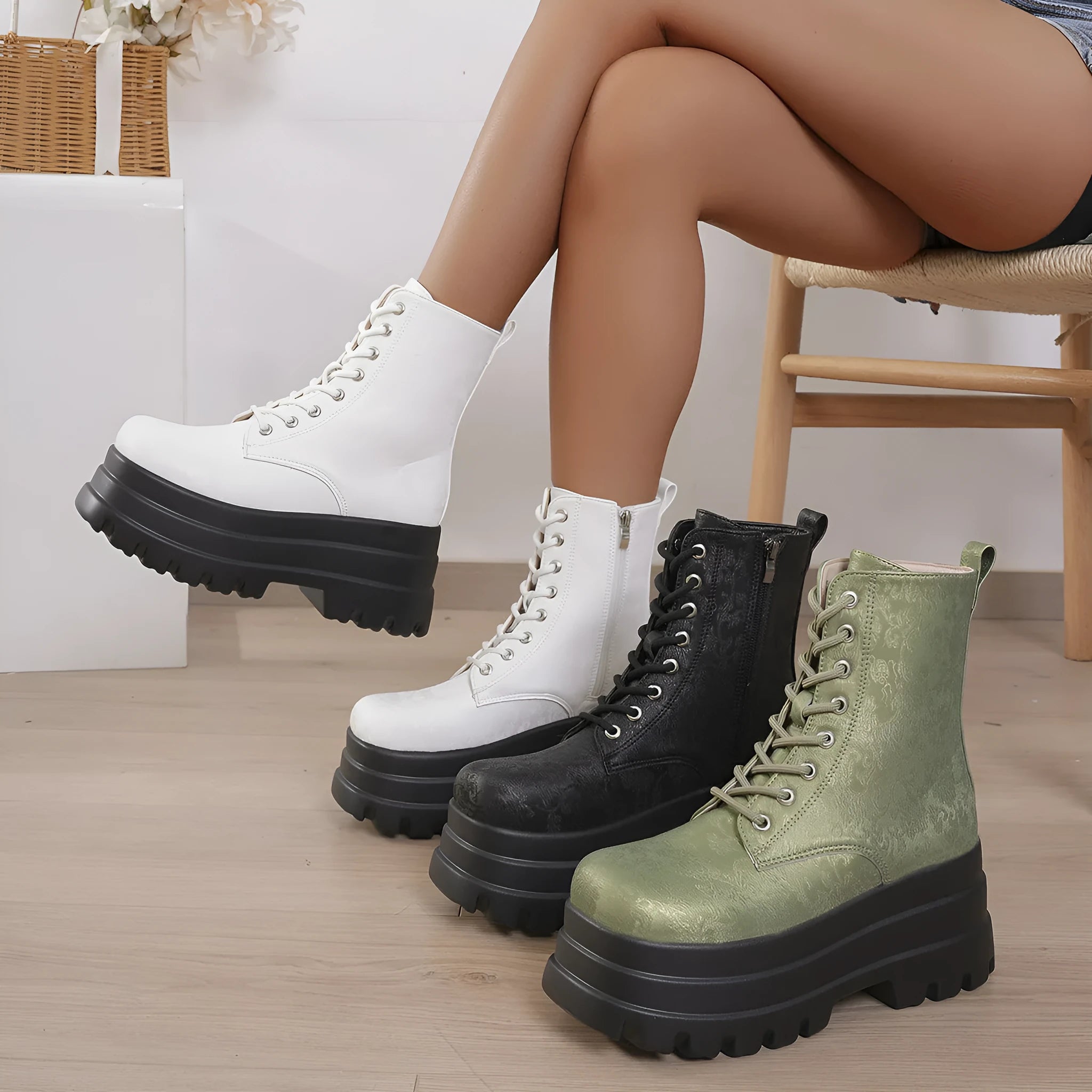 Women's black platform ankle boots with a chunky heel and side zipper on a white background.