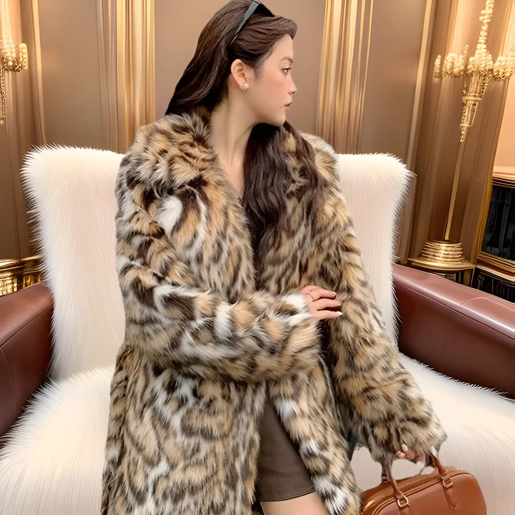 Women's long faux fur coat with fur collar in street fashion style