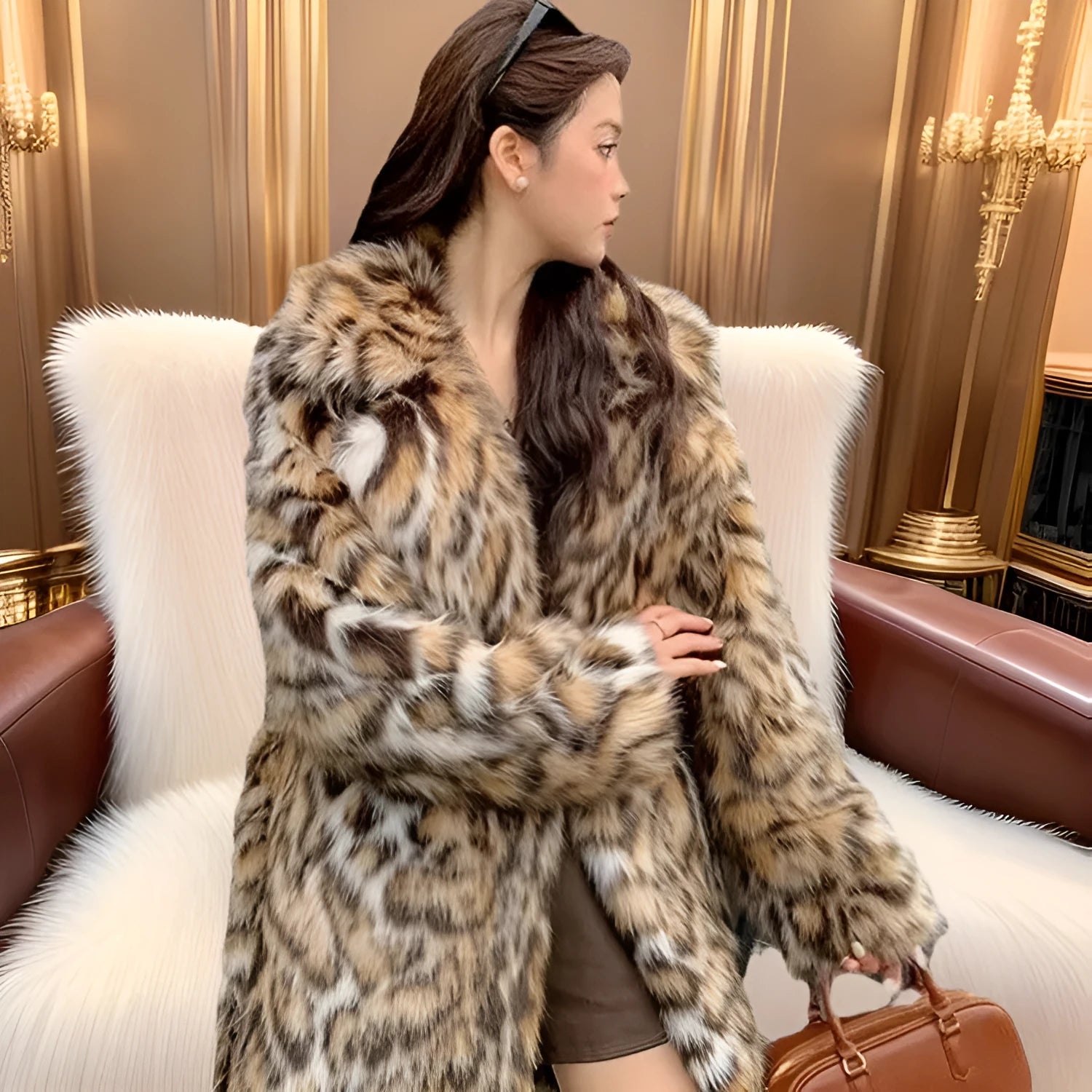 Women's long faux fur coat with fur collar in street fashion style