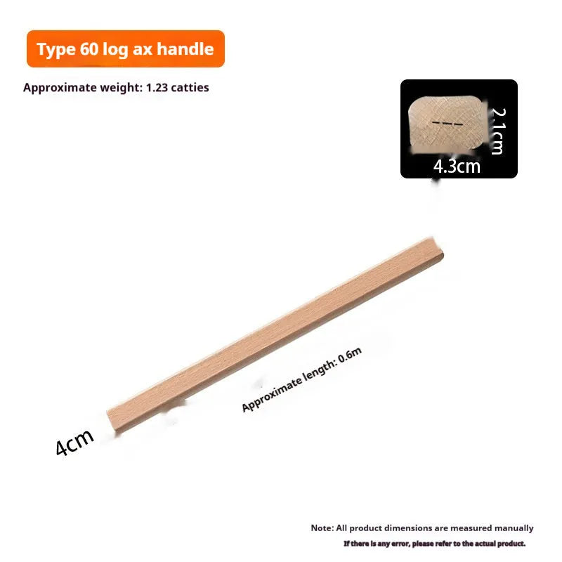 Locust wood tool handles for axes, hoes, and sickles in various lengths on a wooden surface.