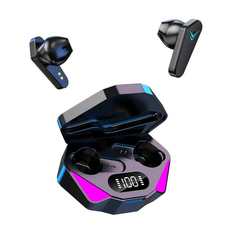 X15 black wireless in-ear Bluetooth gaming headphones with charging case