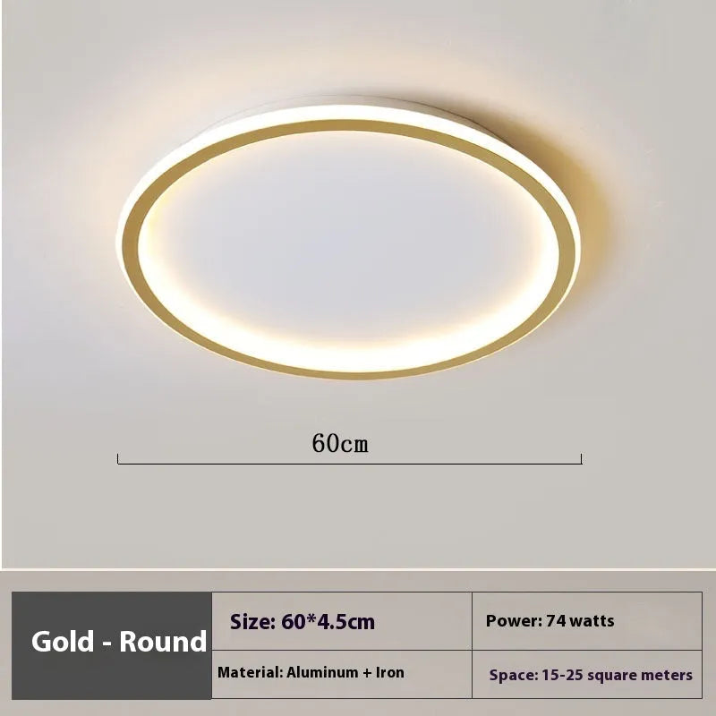 Minimalist circular LED ceiling lamp in black, gold, or white finish with dimming control