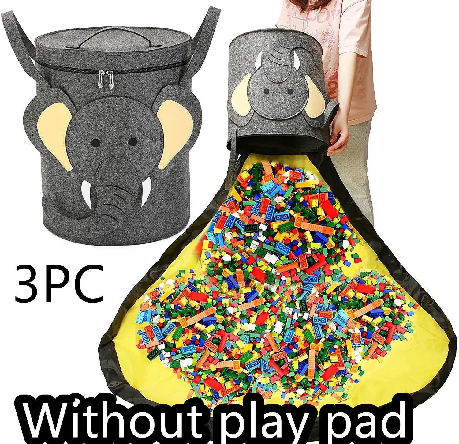 Green felt cube storage bag with pull rope shown as both a toy play mat and closed storage container