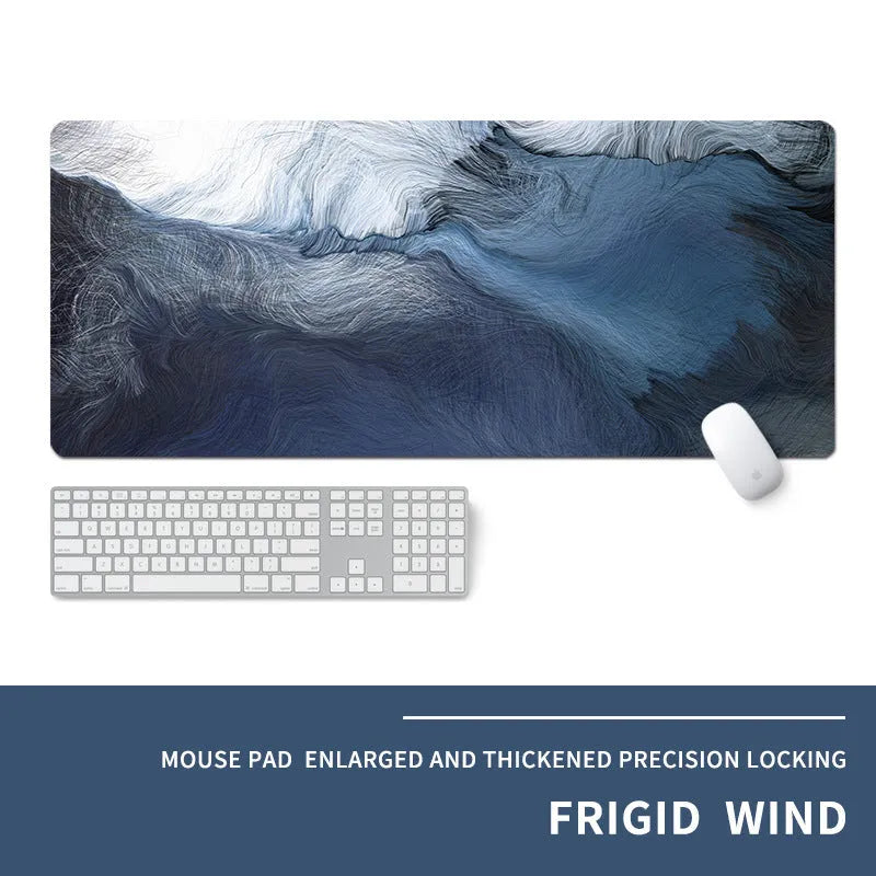 Oversized gaming mouse pad with cold-themed design on natural rubber base