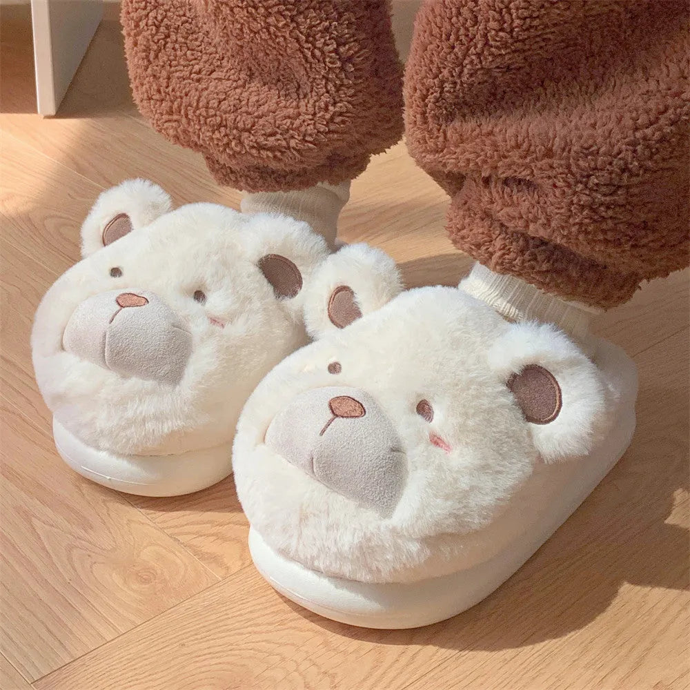 Cartoon cute plush slippers for women in khaki colour with a suede upper and round toe.