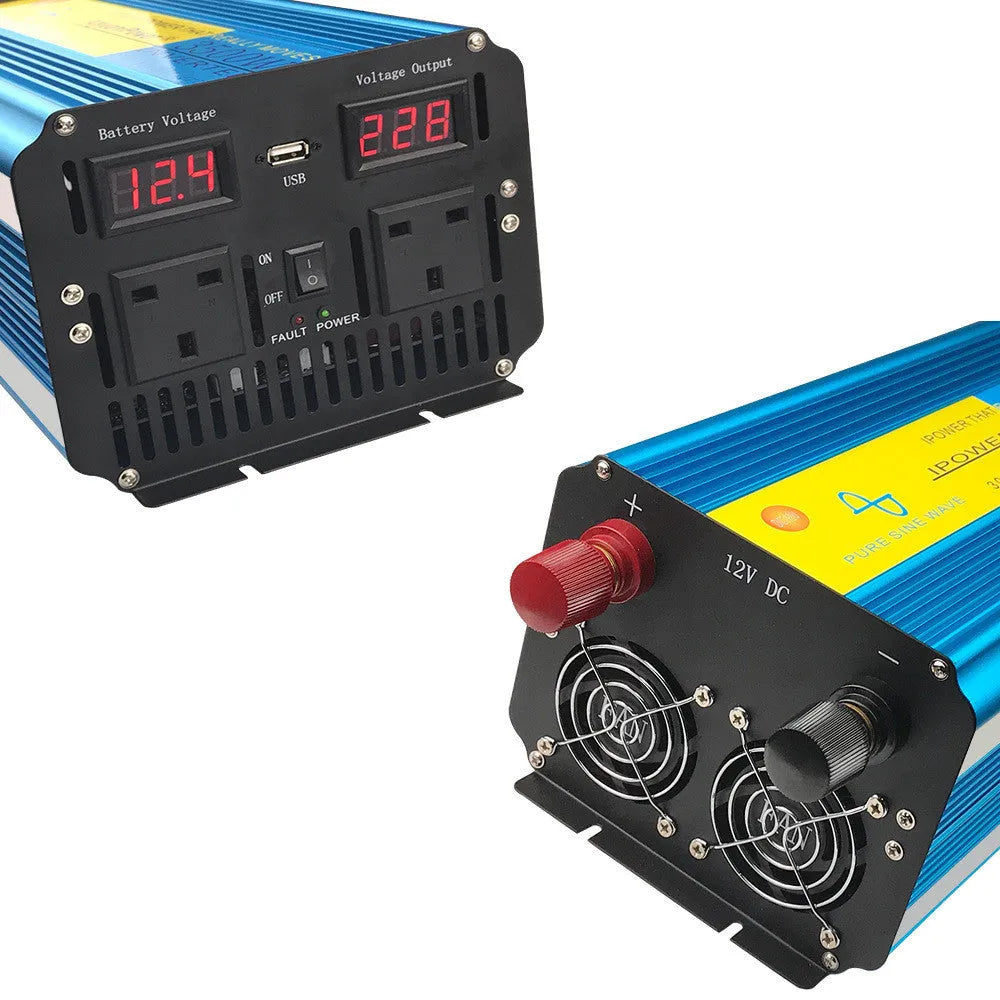 Blue 3000W pure sine wave power inverter with digital display and British socket