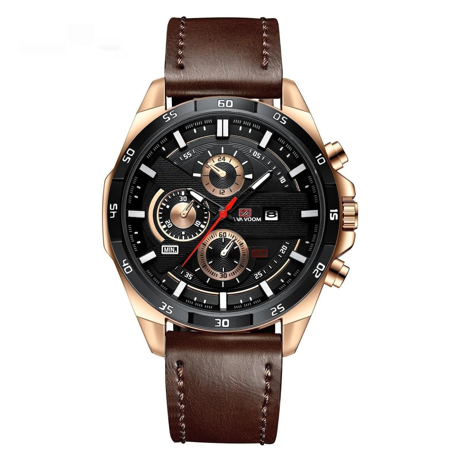 Men's casual quartz watch with leather strap and metal case in various colour combinations