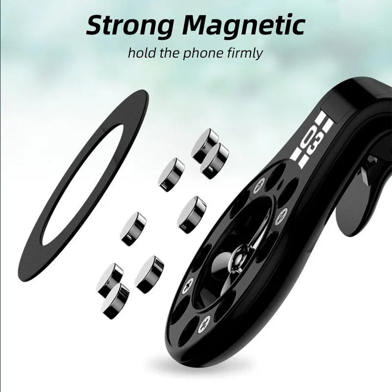Black magnetic car air vent phone holder with adjustable rotation paddle showing phone mounting position