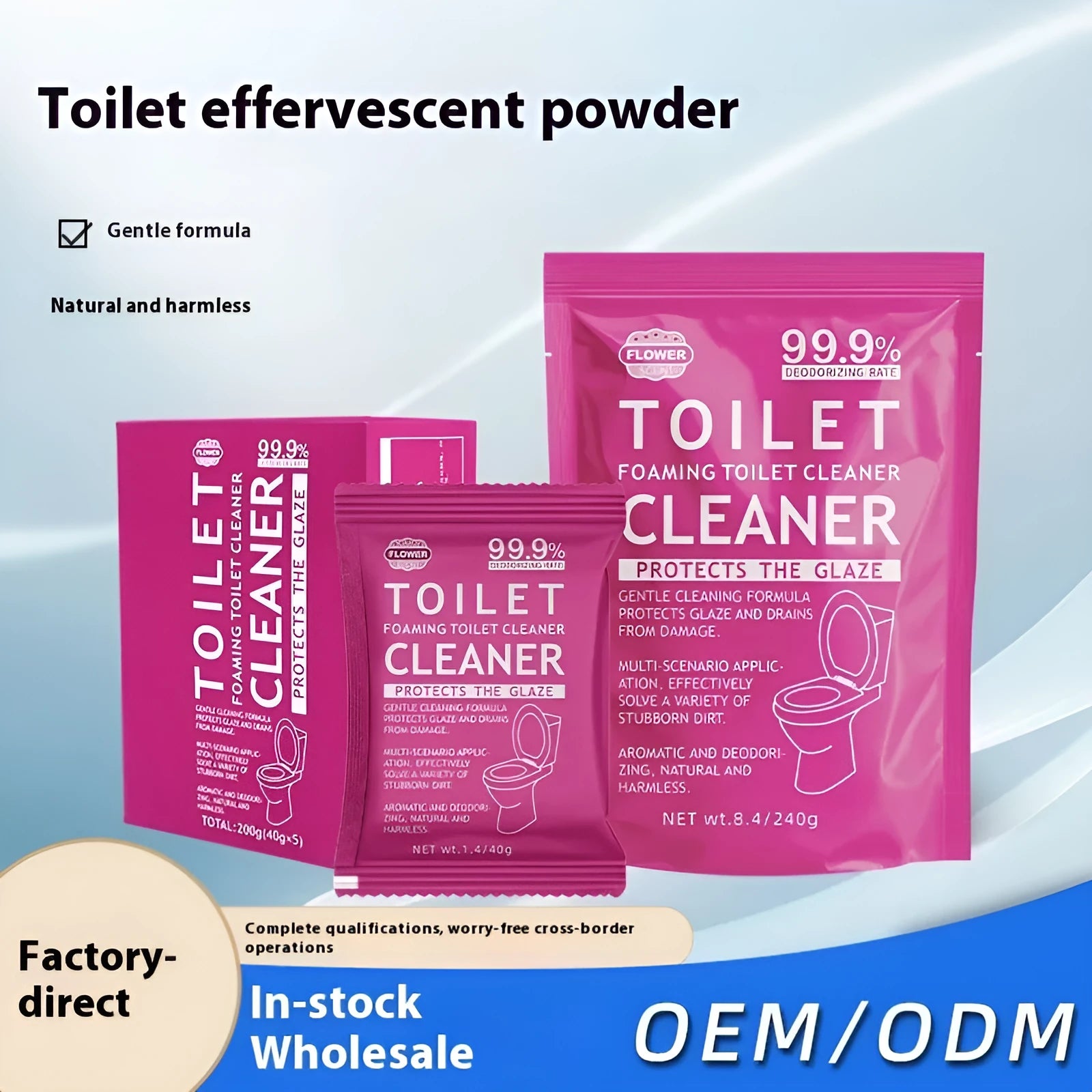 Box and bag of toilet bubble cleaning powder in blue and pink fragrance options.