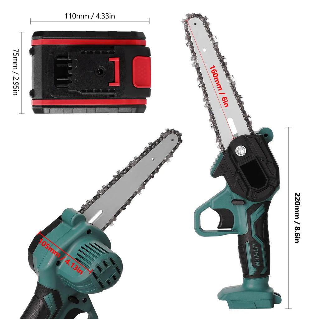 Black mini electric chainsaw held in one hand, showing 4-inch guide bar and compact body.